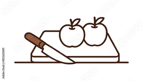 Simple illustration of two apples and a knife on a cutting board, ready for preparation.