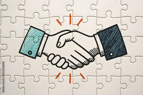 Conceptual image of a handshake illustration drawn across assembled white jigsaw puzzle pieces, symbolizing business partnership and agreement.