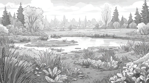 Grayscale cartoon landscape with a pond, lush vegetation, and various trees under a cloudy sky
