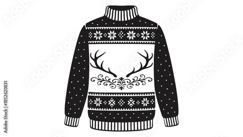 Cozy black and white festive holiday sweater with deer antlers and snowflake pattern