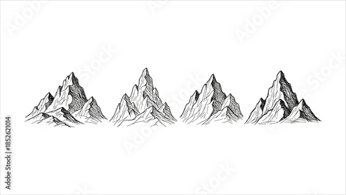 A set of minimal mountain range silhouettes in a CAD linework style, each isolated on a white background. Ideal for site plans, topographic maps, and landscape architecture drawings