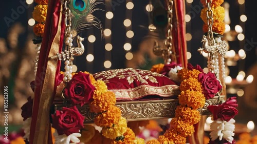 Ornate Red Velvet Swing Decorated With Marigold Roses And Peacock Feathers Amidst Soft Bokeh Lights And Incense Smoke