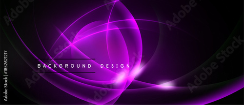 Abstract purple lines create dynamic curves, flowing shapes. Dark background emphasizes bright neon glow, modern design element.