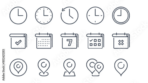 Collection of modern outline icons representing time, planning, and location