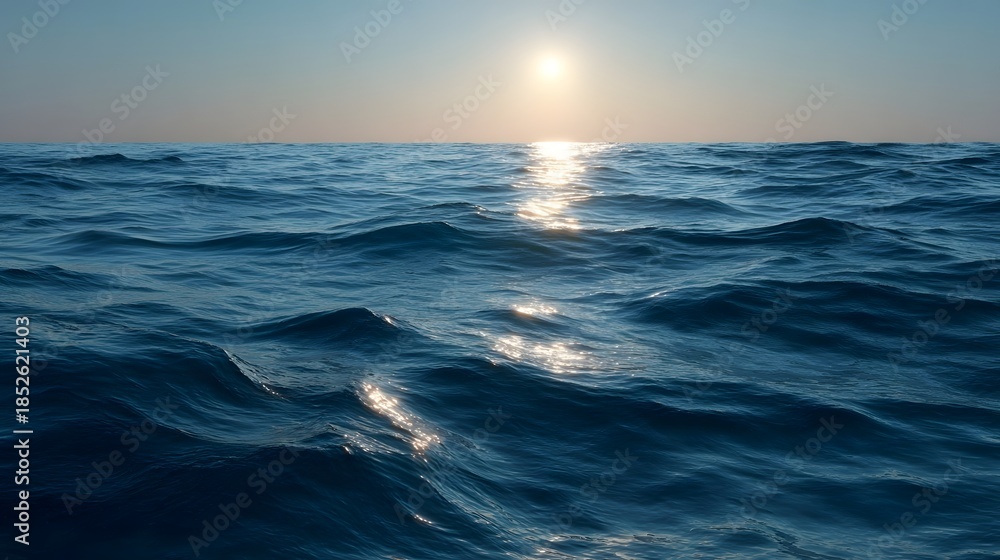 Fototapeta premium The sun rises over a calm ocean casting a shimmering golden reflection across the gentle blue waves towards the horizon