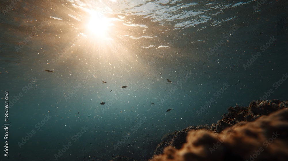 Naklejka premium Sunlight streams through the ocean s surface illuminating a coral reef with schools of fish