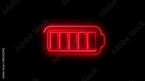 Neon glowing battery full charging icon animated on a black background.