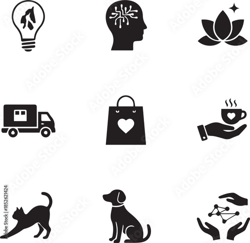 Minimal solid black icon set representing abstract concepts such as ideas, care, transport, wellness, and services. Ideal for logos, signage, posters, apps, and monochrome graphic designs.