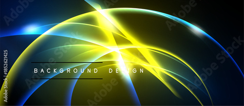 Abstract design features vibrant blue, yellow curves. Bright light radiates from center, creating dynamic visual effect. Dark background enhances luminosity.