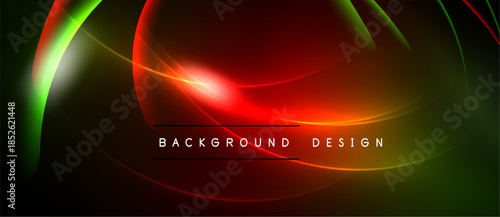 Abstract neon curves, vibrant red dominates. Green, yellow accents create dynamic visual effect. Dark background enhances luminosity.