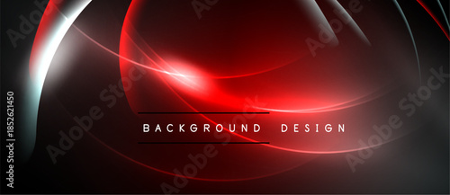 Abstract red design features curved lines, glowing effects. Dark background enhances vibrant color contrast, modern aesthetic.