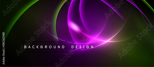 Abstract flowing lines create vibrant purple, green gradients. Dark background emphasizes luminous curves, modern design elements.