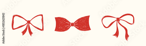 Hand drawn cute crayon red bow set. Minimalist bowknot for wedding, birthday, christmas cards, poster, gift, invitation. Vintage minimalist coquette elements. Whimsical doodle isolated vector illustra