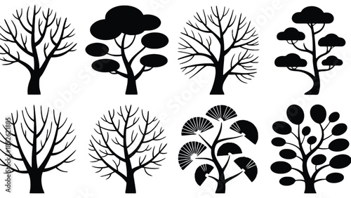 Collection of stylized silhouette trees, diverse shapes and forms, representing nature's variety