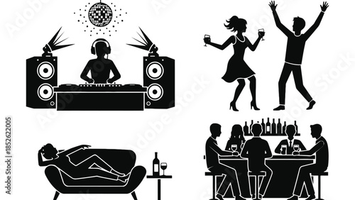 People enjoying music, dancing and socializing at a party and bar scene.