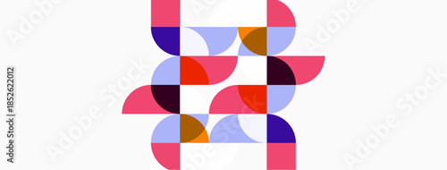 Abstract geometric shapes overlap, creating colorful pattern. Circles, semicircles form complex composition. Modern design, vibrant hues present.