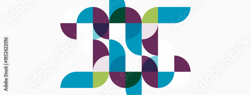 Abstract geometric design features overlapping circles, creating letterform. Colors include teal, purple, green, beige. Modern aesthetic.