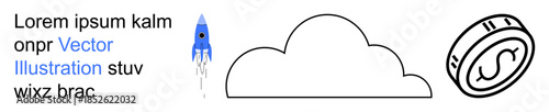 Technology, innovation, finance, aspirations, cloud storage, digital currency. Blue rocket with white cloud and coin icon. Technology and finance concepts