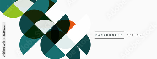 Abstract geometric shapes overlap, creating dynamic visual composition. Colors include teal, green, orange, gray, white. Minimalist design.