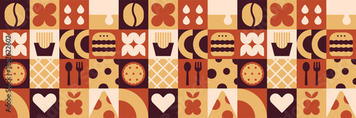 Abstract fast food mosaic pattern with modern burger sandwich and pizza tile design.