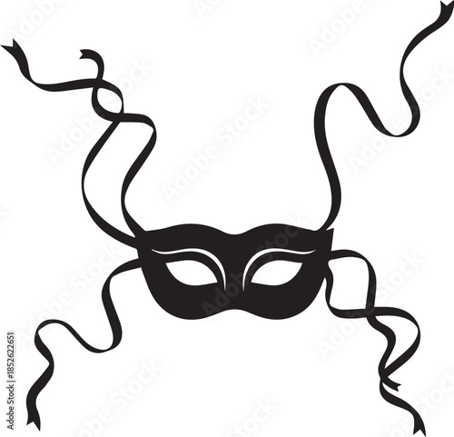 Elegant black masquerade mask with flowing ribbons on white background
