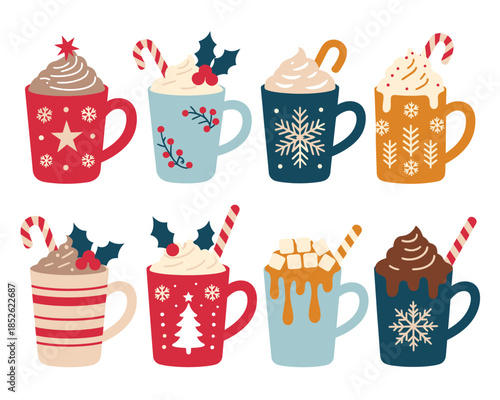 Winter beverage mug illustrations, eight unique festive cups with hot drinks, cinnamon sticks, and star anise on wooden texture for cozy seasonal marketing.