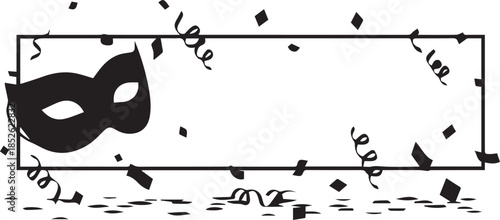 Masquerade mask and confetti inside a rectangular frame for text