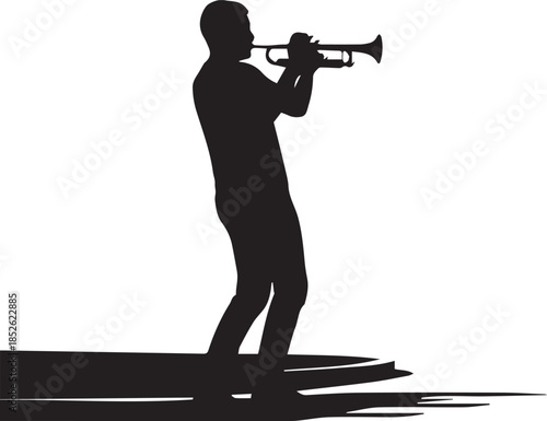 Silhouette of a man playing a trumpet on a stage