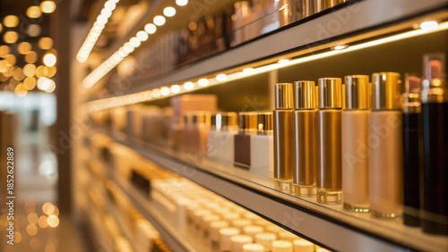 Luxury ampoule treatment. Cosmetics store shelf with elegant bottles and warm lighting, creating luxurious atmosphere