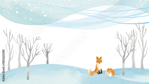 水彩風 冬景色とキタキツネフレーム(16:9)Winter Series:Watercolor winter landscape and red fox frame