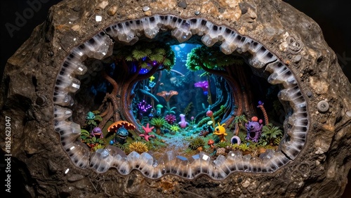 A whimsical miniature landscape crafted inside a geode, featuring vibrant flora and playful characters.