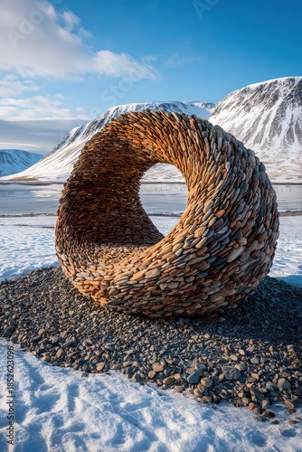 Abstract Stone Sculpture on Snowy Ground with Mountain Background Under Bright Sunlight