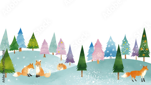 水彩風 かわいい冬景色とキタキツネフレーム(16:9)Winter Series:Watercolor style cute winter scenery and red fox frame