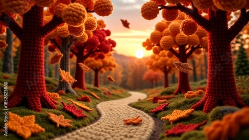 A whimsical crochet landscape featuring vibrant autumn trees and a winding path at sunset.