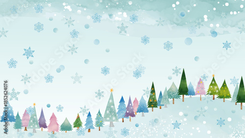 水彩風 かわいい冬景色と雪の結晶フレーム(16:9)Winter Series:Watercolor style cute winter scenery and snowflake frame