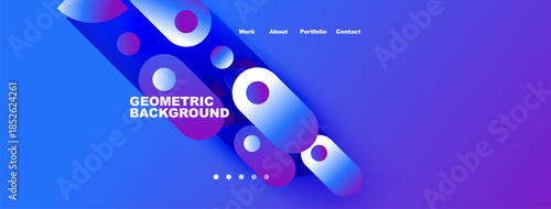 Abstract geometric background. Blue purple gradients create modern website header design. Text elements present portfolio information.