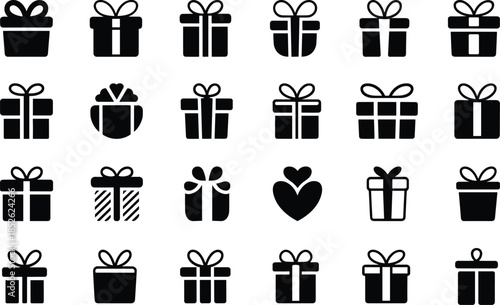 Essential black silhouette vector icons of assorted gift boxes, symbolizing joyful celebration, generous giving, and festive holiday shopping concepts.