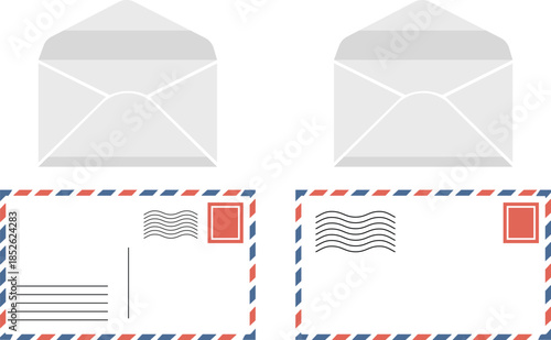 Clean Flat Design Vector Set Depicting Open and Closed Blank Envelopes Alongside Retro Airmail Postcard Templates on White.