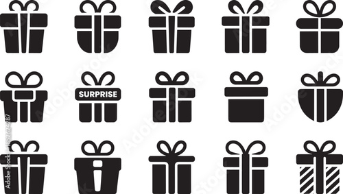 Diverse black silhouette gift icons representing surprise, generosity, and joyful celebration, ideal for e-commerce and digital interface design on white.