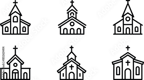 Church Building Icons Set in Line Style with Cross for Religious, Community, and Architectural Design Projects