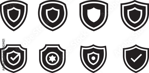Eight solid glyph icons illustrating digital defense, guaranteed safety, and cyber security protection for reliable online systems and interfaces.