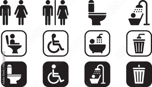 Essential black vector icons for public facilities, showing restroom signs, disabled access, showers, and waste disposal symbols, ensuring clear navigation.