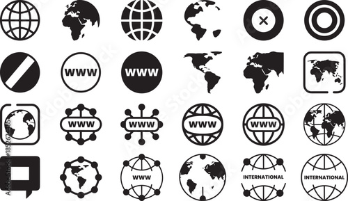 Universal Digital Connectivity and Global Networking Icons: Minimalist Black and White Vector Collection for Web and International Communication