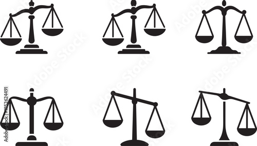 Six essential black vector icons of the Scales of Justice, powerfully symbolizing the critical concepts of legal fairness, equality, and ethical decision-making in modern design.