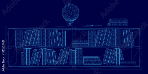 Blueprint bookshelf wireframe with a globe on top, filled with books against a blue background. The design evokes a modern library concept.