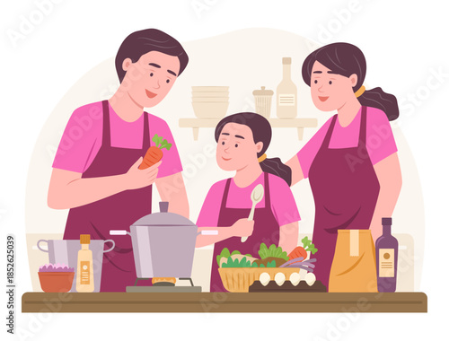 Parents Teaching Their Daughter Prepare Food Ingredients for Cooking in Kitchen for Culinary and Family Relation Activity Concept Illustration