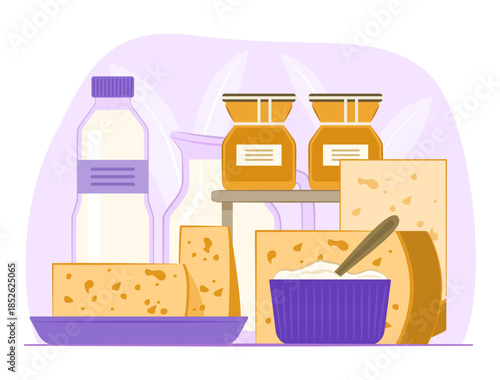 Yogurt, Cheeses and Fresh Plain Milk for Dairy Product and Healthy Nutrient Foods Concept Illustration