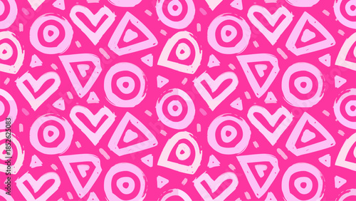 Vibrant pink background with playful heart and shape pattern