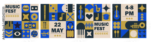 Festival poster background with abstract music mosaic and geometric party pattern.