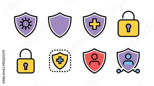 Digital security and health safety icons, modern flat line collection representing user data protection, network privacy, medical care, and cybersecurity technology concepts.